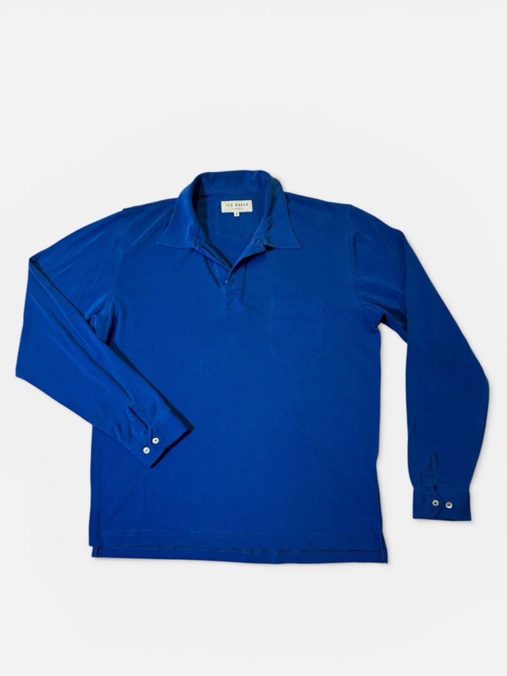Ted Baker mens 4 L Large blue solid viscose blend long sleeve polo shirt EUC